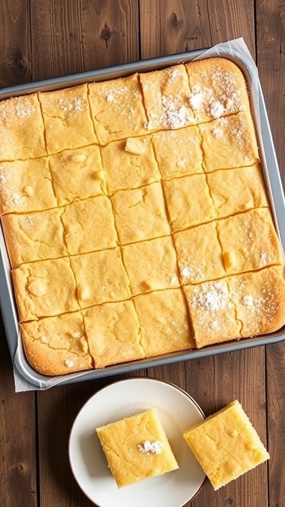 Golden-brown shortbread crust squares in a baking pan, dusted with powdered sugar.